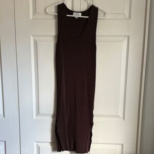 Magaschoni Ribbed V-Neck Midi Dress in Dark Brown